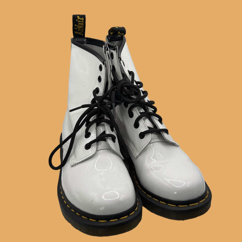 Dr. Martens White and Black Patent Leather Combat Boots Size 7